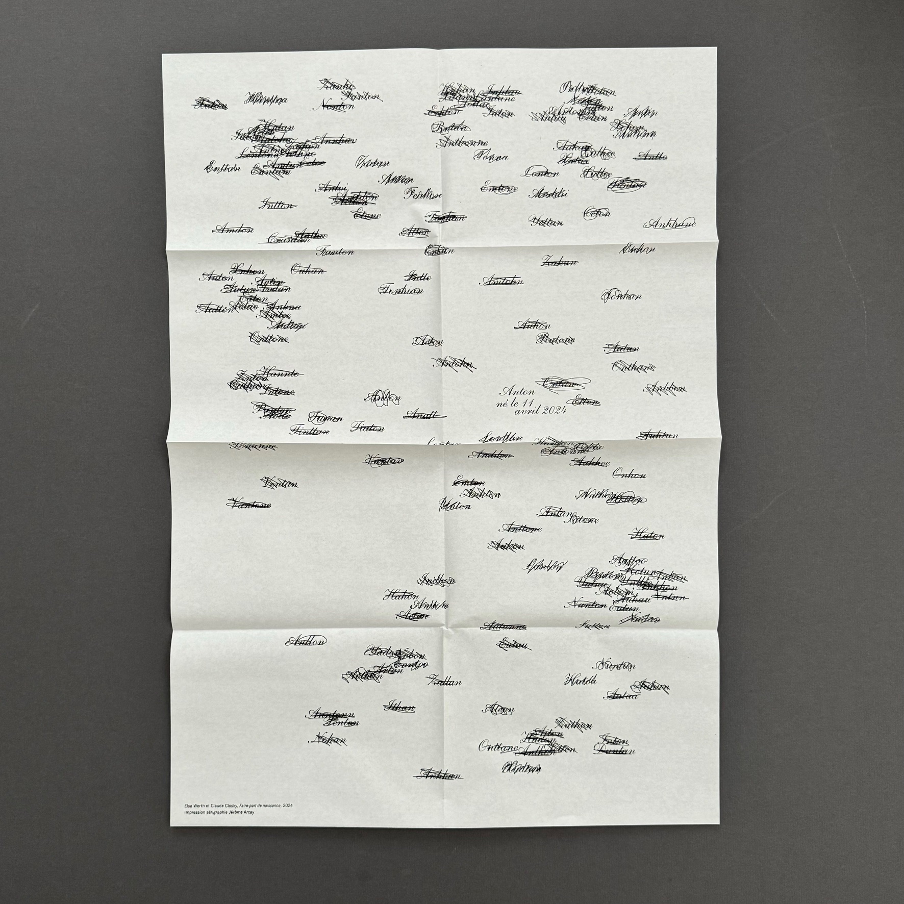 Claude Closky, ‘Birth Announcement,’ 2024, with Elsa Werth. Silkscreen print Jérôme Arcay, Paris, 63 x 44 cm. Claude Closky, ‘Birth Announcement,’ 2024, with Elsa Werth. Silkscreen print Jérôme Arcay, Paris, 63 x 44 cm.